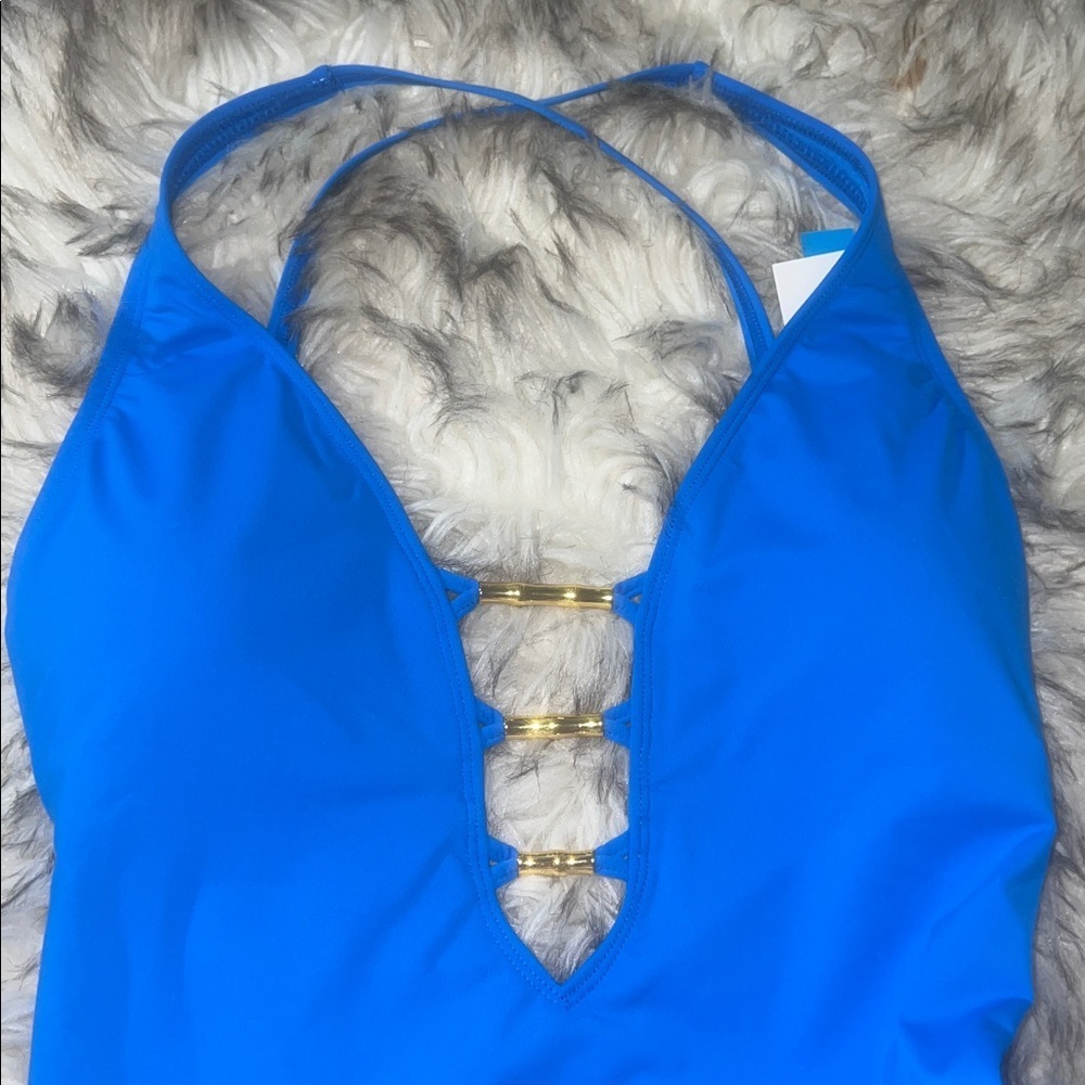 Bleu Rod Beattie swimsuit 6 royal blue one piece plunge Lace Down deepV - Picture 6 of 7